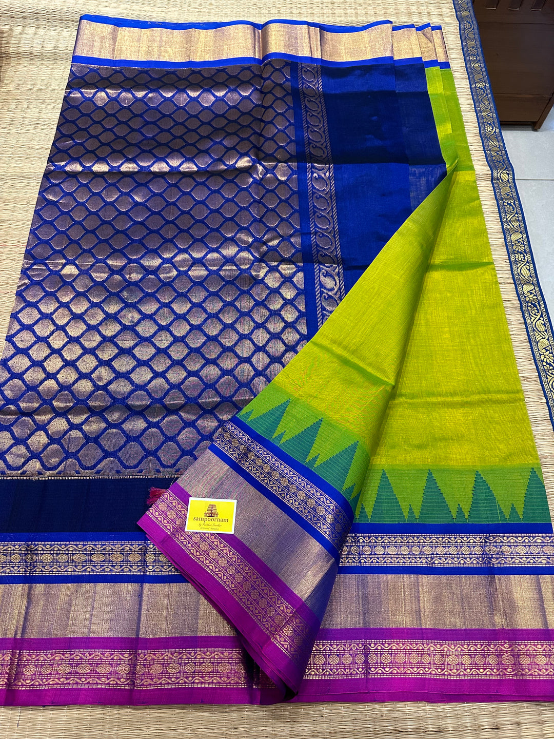 Sneha Green Triple One Side Big Border Rich Pallu Korvai Silk Cotton Saree