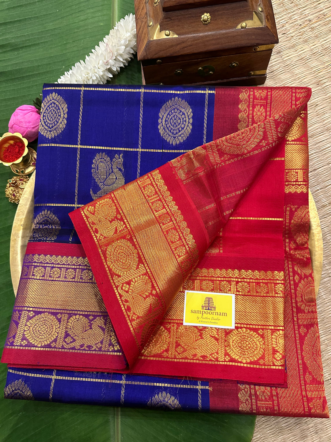 Blue with Red Mayil Chakram Silk Cotton Saree