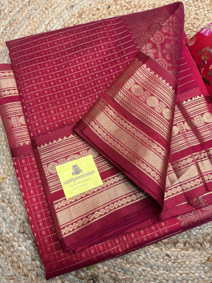 Classic Red , Zari  butta in the body , Traditional border and rich Pallu Lakshadeepam Silk Cotton Saree