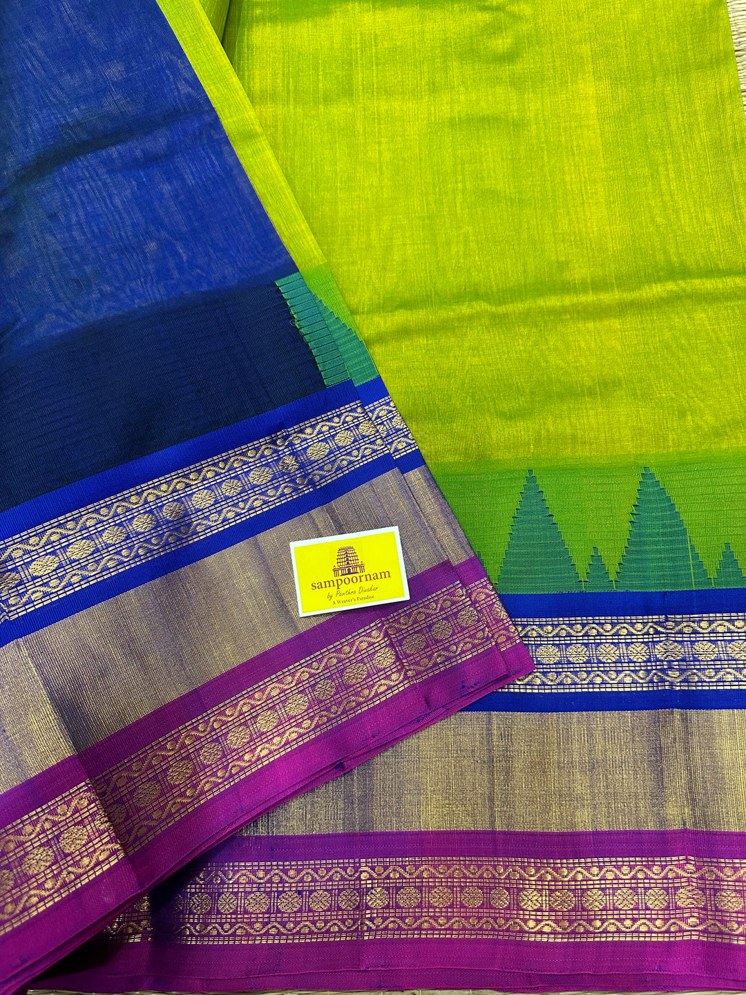 Sneha Green Triple One Side Big Border Rich Pallu Korvai Silk Cotton Saree