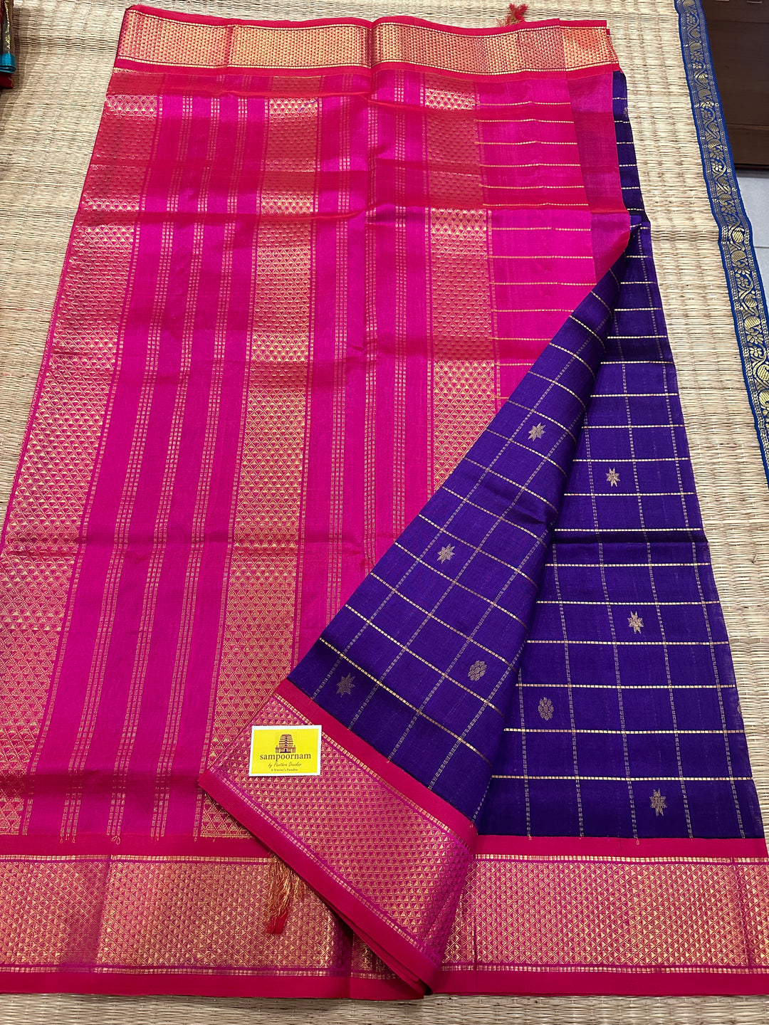 Purple with Pink Body Zari Kattam Butta, Rich Pallu Korvai Silk Cotton Saree