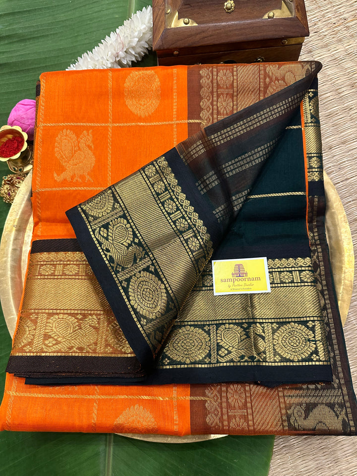 Fanta Orange with Green Mayil Chakram Silk Cotton Saree