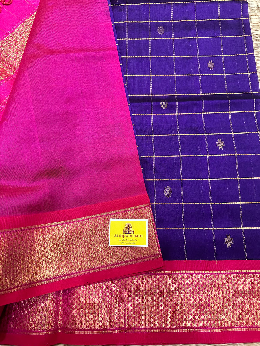 Purple with Pink Body Zari Kattam Butta, Rich Pallu Korvai Silk Cotton Saree