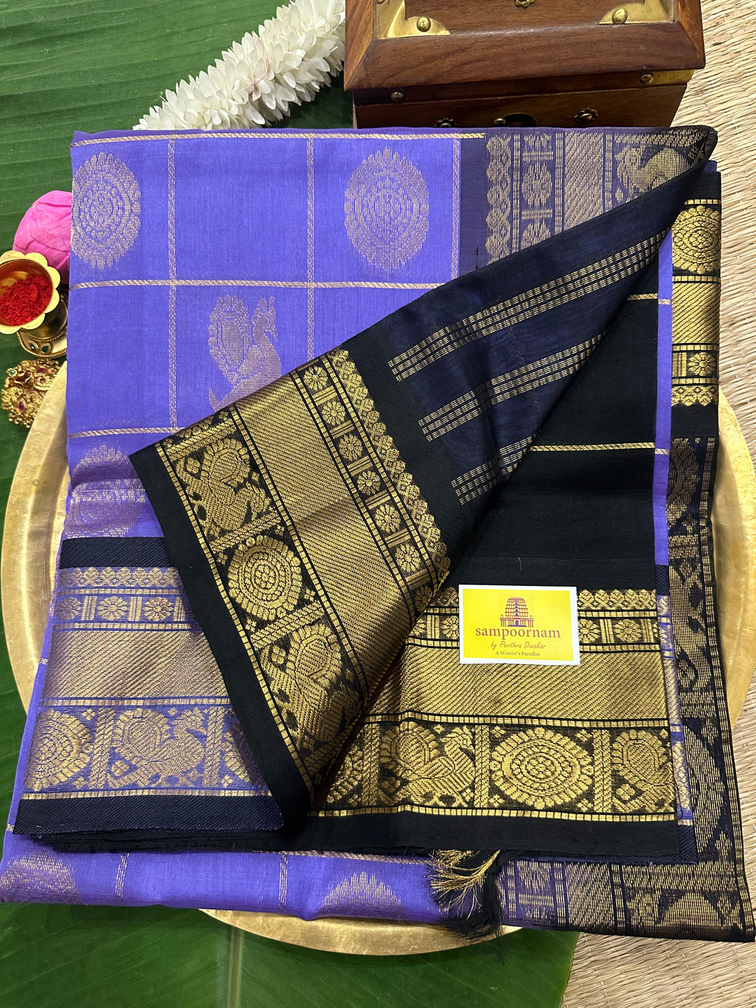 Lavender with Black Mayil Chakram Silk Cotton Saree