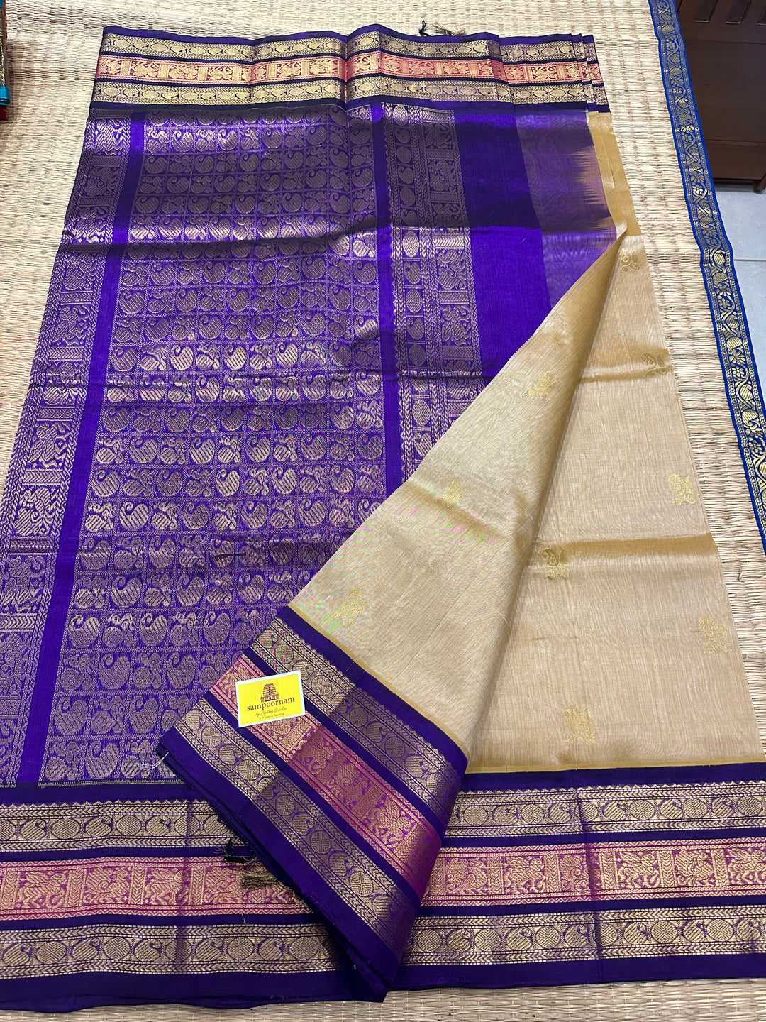 Ven Pattu With Blue Triple Kanchi Border, Rich Zari Butta Korvai Silk Cotton Saree