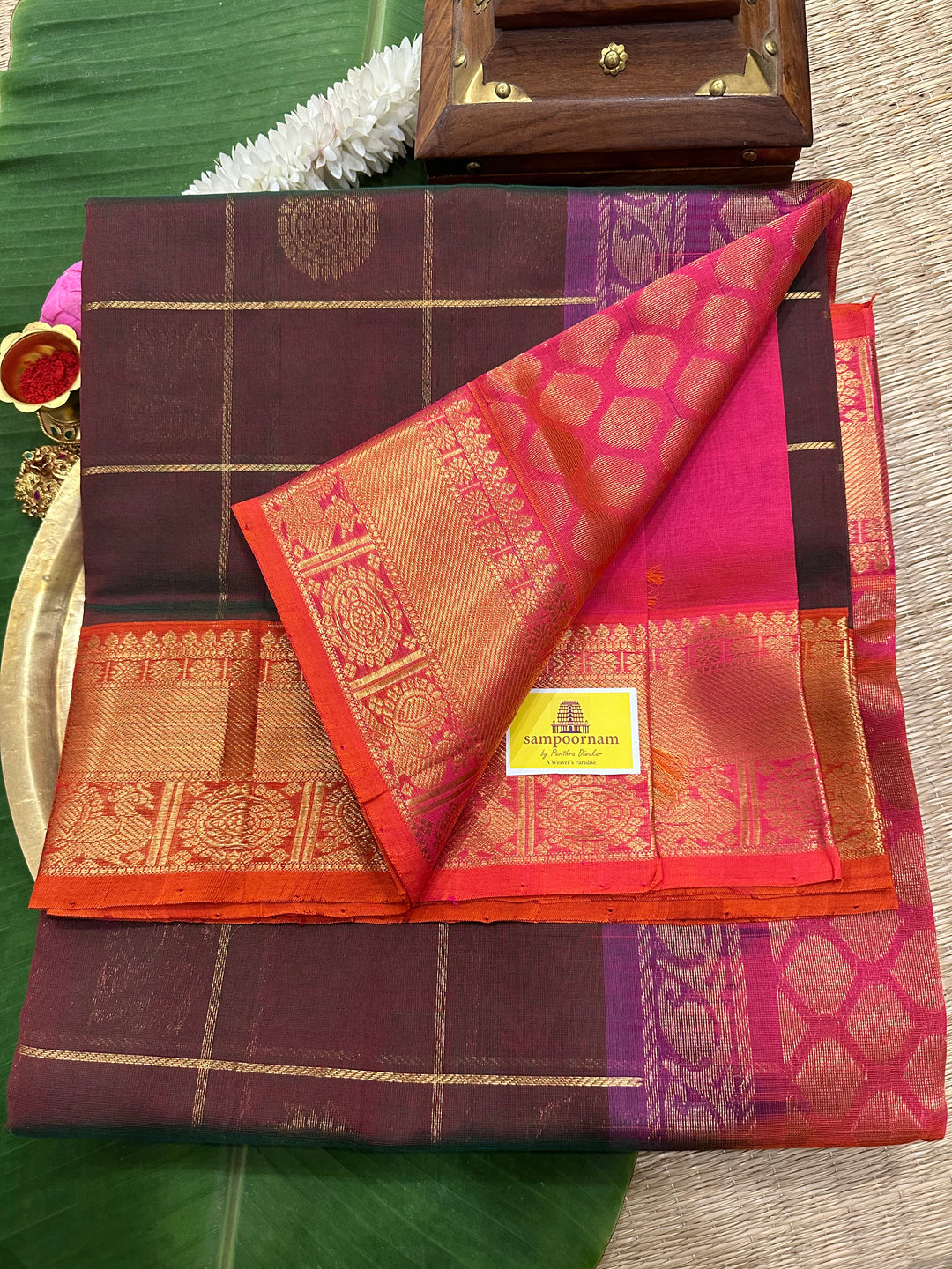 Manthulir, Greenish Brown with Orangish Pink Mayil Chakram Silk Cotton Saree