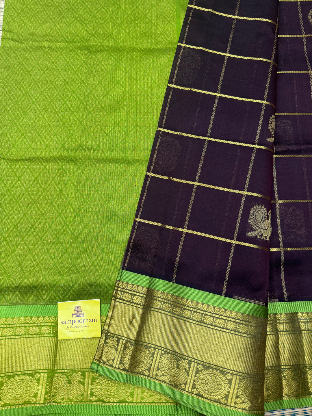 Dark Brown with Lemon Green ,  Mayil and Chakram Butta in the Body, Traditional Borders and Rich Pallu Mayil Chakram Silk Cotton Saree