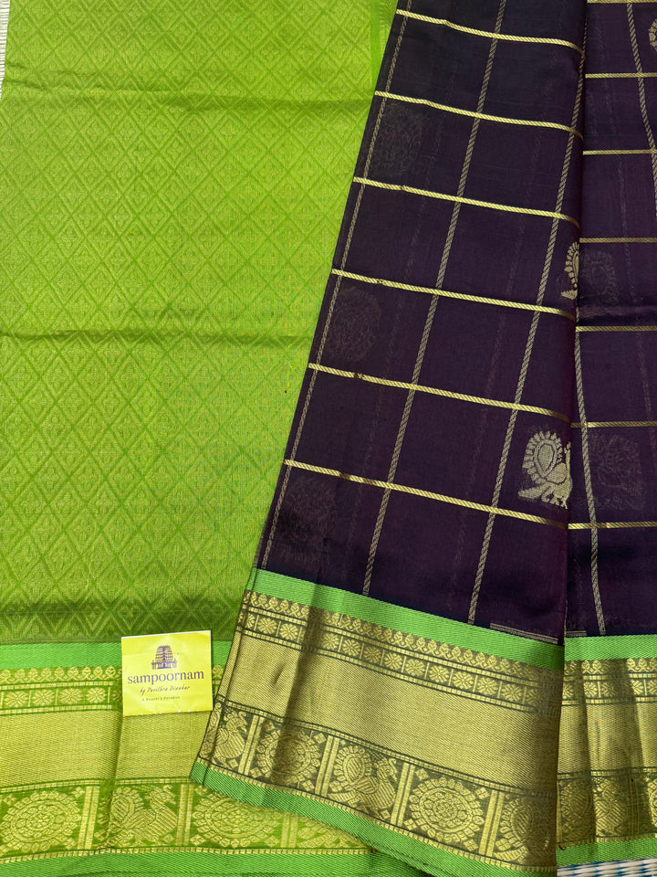 Dark Brown with Lemon Green ,  Mayil and Chakram Butta in the Body, Traditional Borders and Rich Pallu Mayil Chakram Silk Cotton Saree