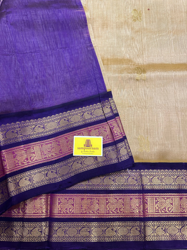 Ven Pattu With Blue Triple Kanchi Border, Rich Zari Butta Korvai Silk Cotton Saree