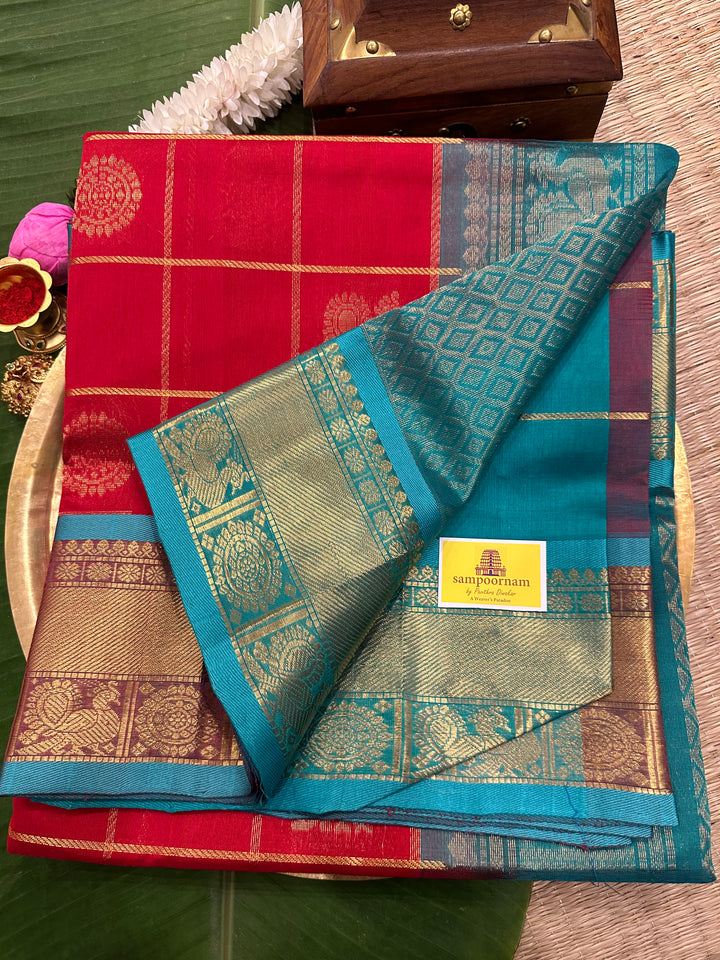 Red with Blue Mayil Chakram Silk Cotton Saree