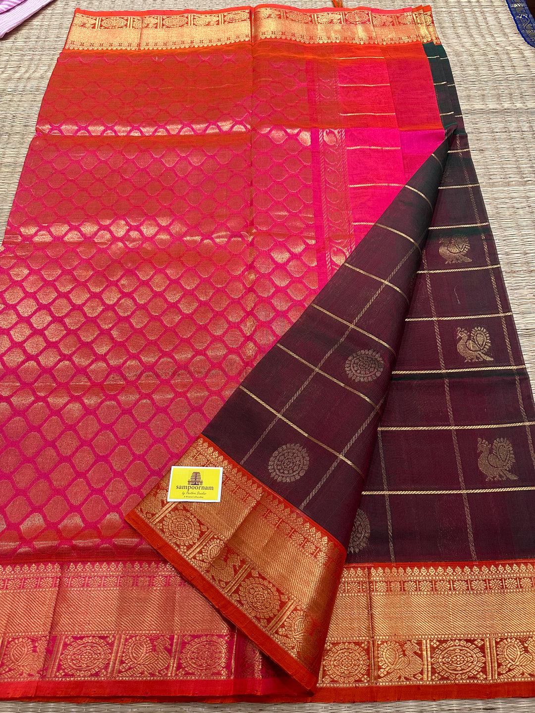 Manthulir, Greenish Brown with Orangish Pink Mayil Chakram Silk Cotton Saree