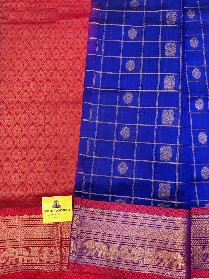 Blue with Red , Mayil and Chakram Butta in the Body, Traditional Borders and Rich Pallu Mayil Chakram Silk Cotton Saree