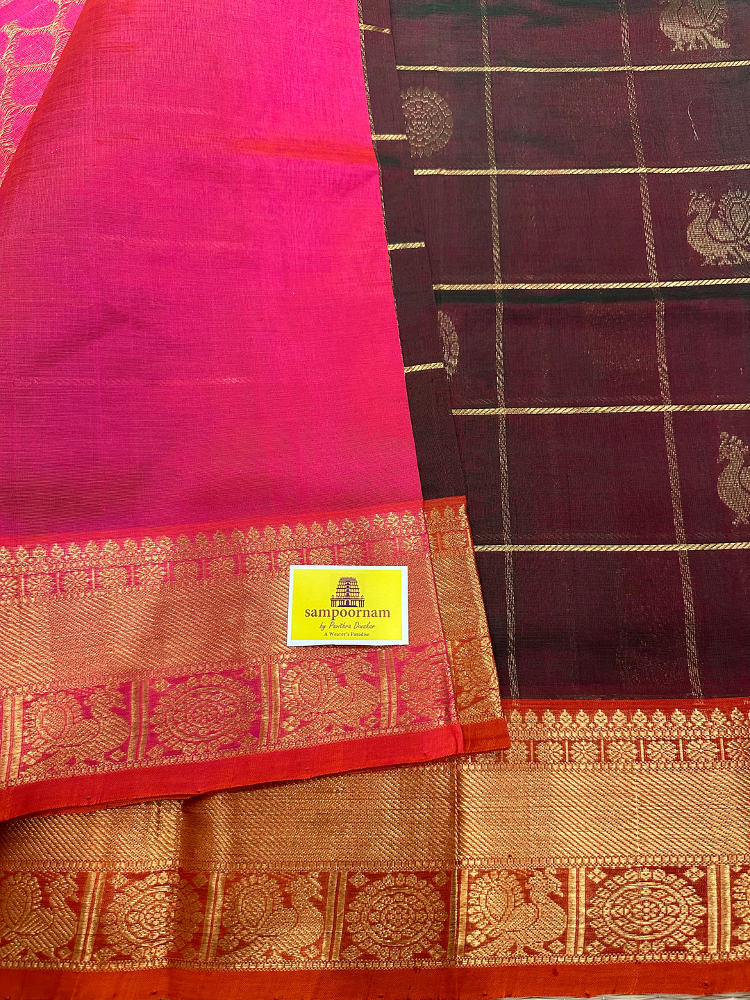 Manthulir, Greenish Brown with Orangish Pink Mayil Chakram Silk Cotton Saree