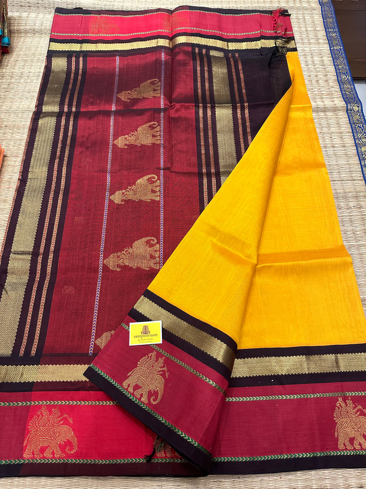 Mambazha Manjal with Brown with Elephant Motif in The Border and Rich Pallu Korvai Silk Cotton Saree