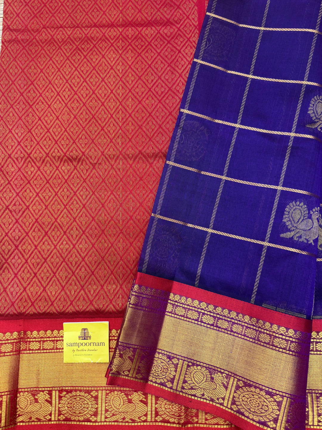 Dark Blue with Red , Mayil and Chakram Butta in the Body, Traditional Borders and Rich Pallu Mayil Chakram Silk Cotton Saree