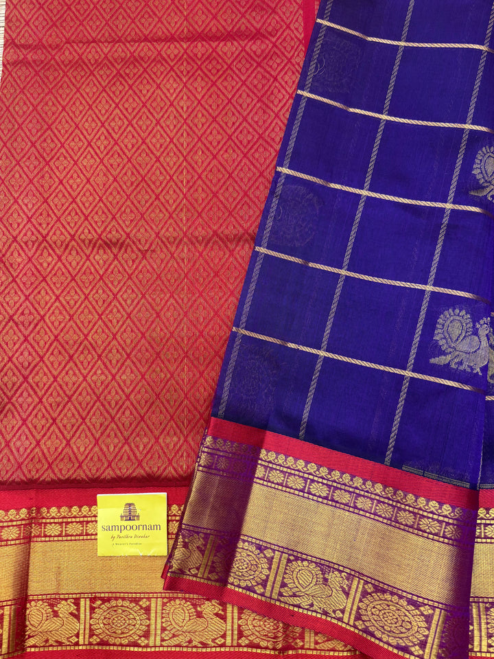 Dark Blue with Red , Mayil and Chakram Butta in the Body, Traditional Borders and Rich Pallu Mayil Chakram Silk Cotton Saree