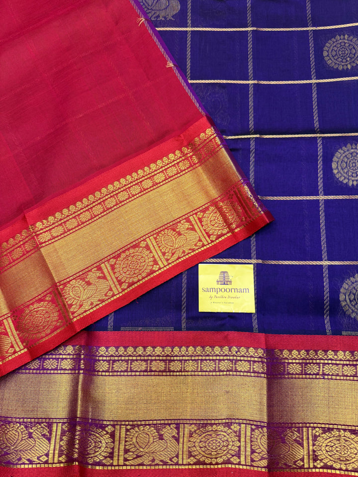 Dark Blue with Red , Mayil and Chakram Butta in the Body, Traditional Borders and Rich Pallu Mayil Chakram Silk Cotton Saree