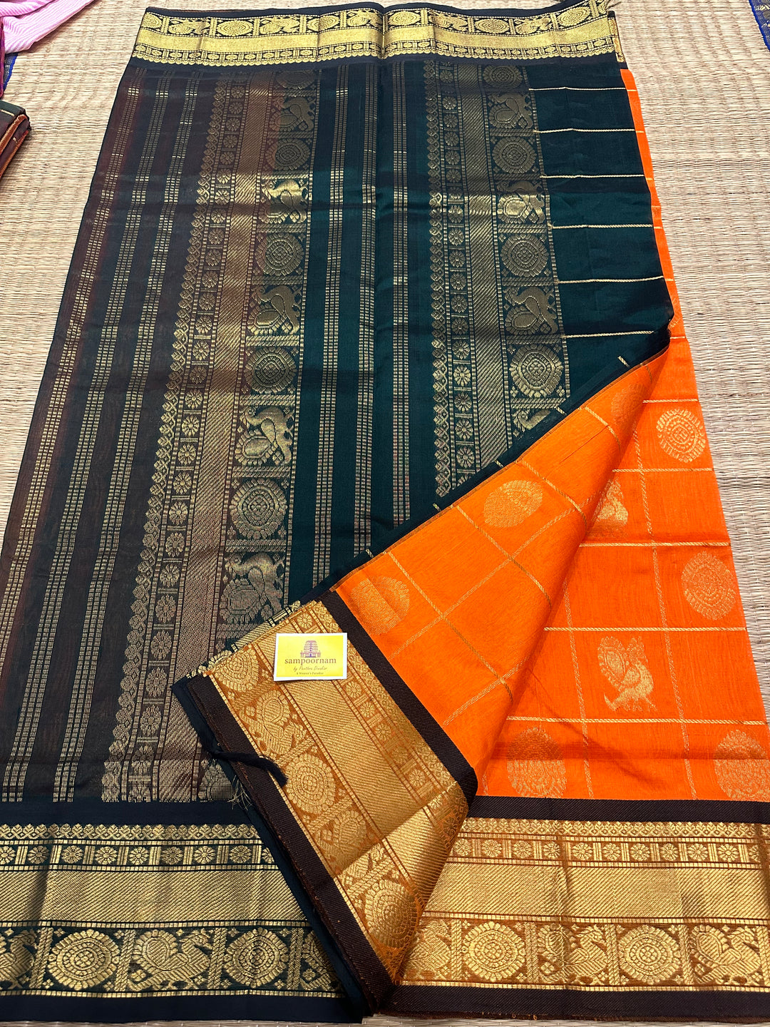 Fanta Orange with Green Mayil Chakram Silk Cotton Saree