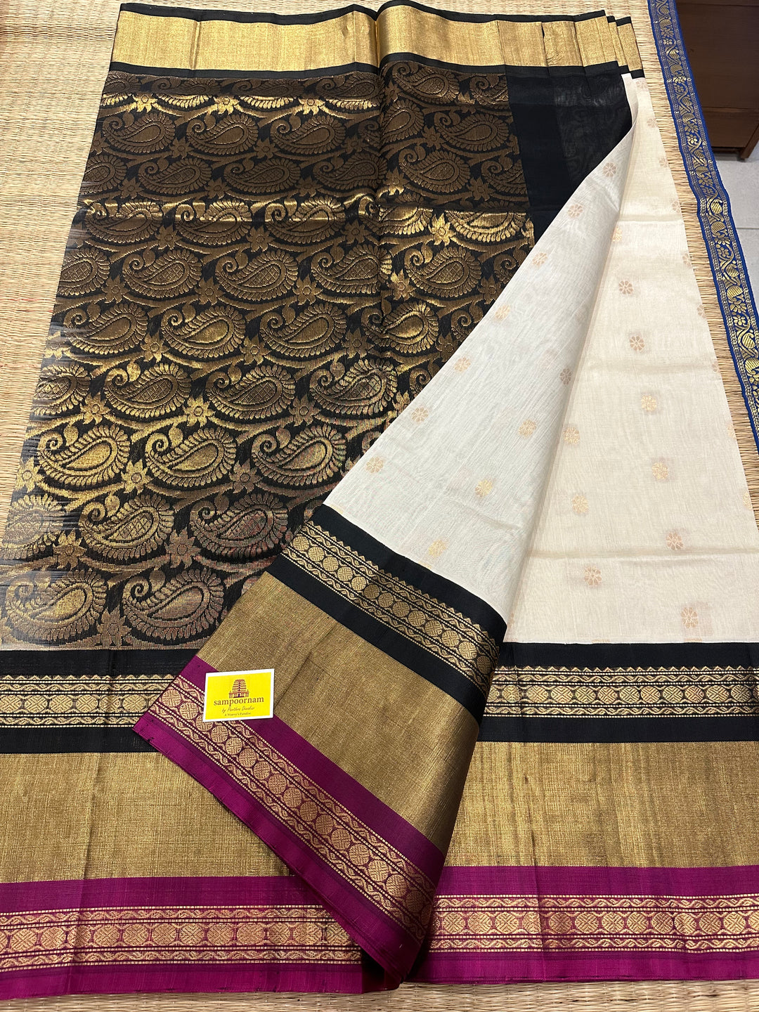 White with Black Triple Border Rich Pallu , Body Zari Butta Korvai Silk Cotton Saree