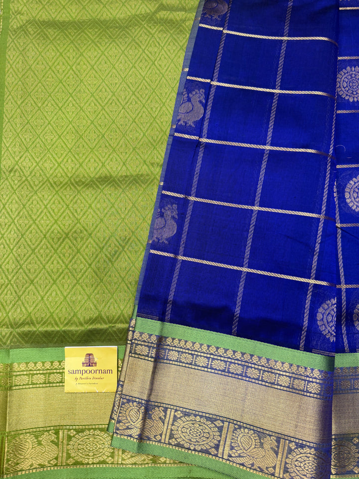 Indigo Blue with Lemon Green , Mayil and Chakram Butta in the Body, Traditional Borders and Rich Pallu Mayil Chakram Silk Cotton Saree