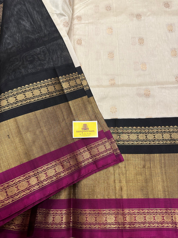 White with Black Triple Border Rich Pallu , Body Zari Butta Korvai Silk Cotton Saree