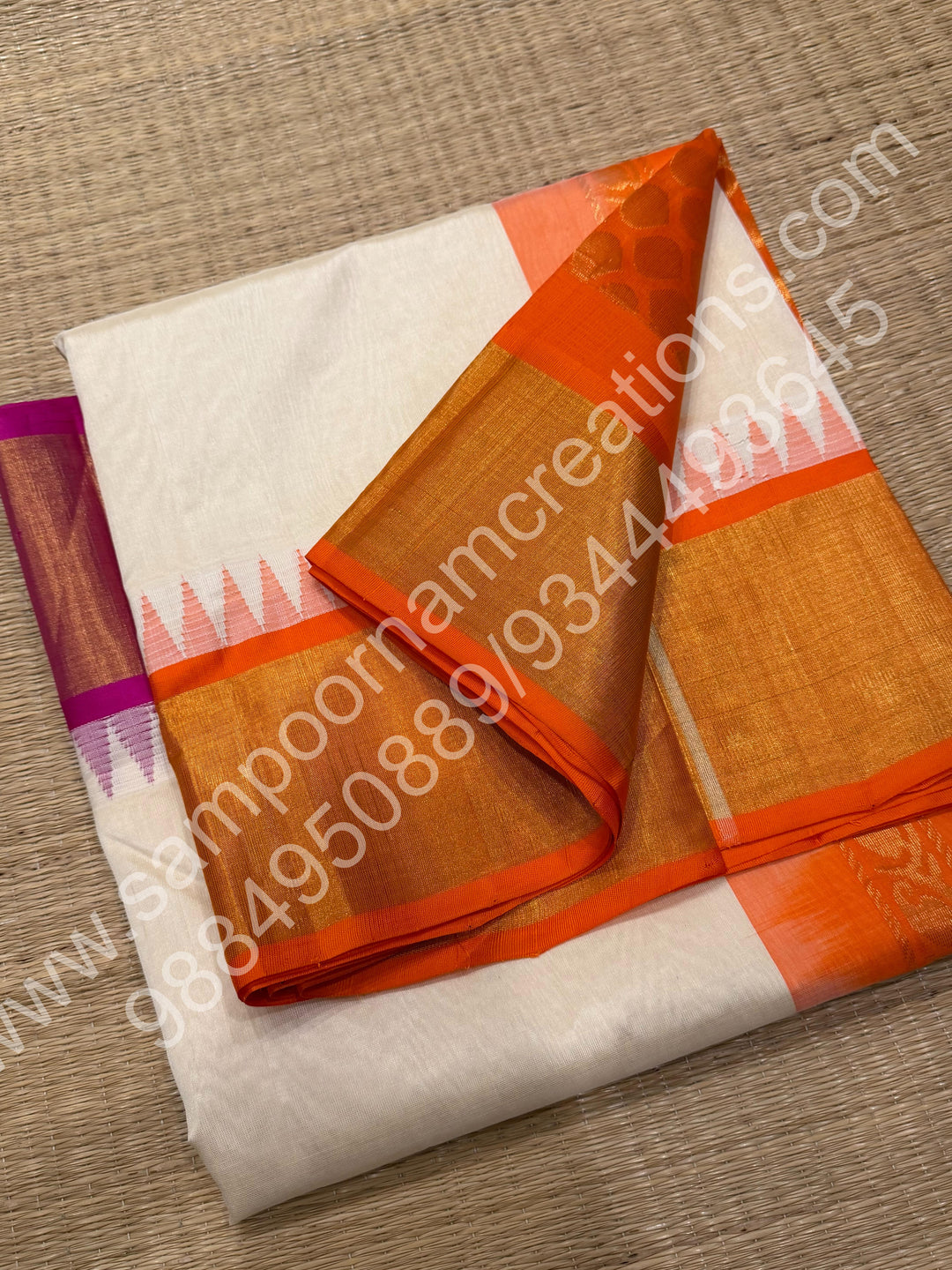 White with Ganga Jamuna Tissue Border Orange and Pink, Grand Pallu Korvai Silk Cotton Saree