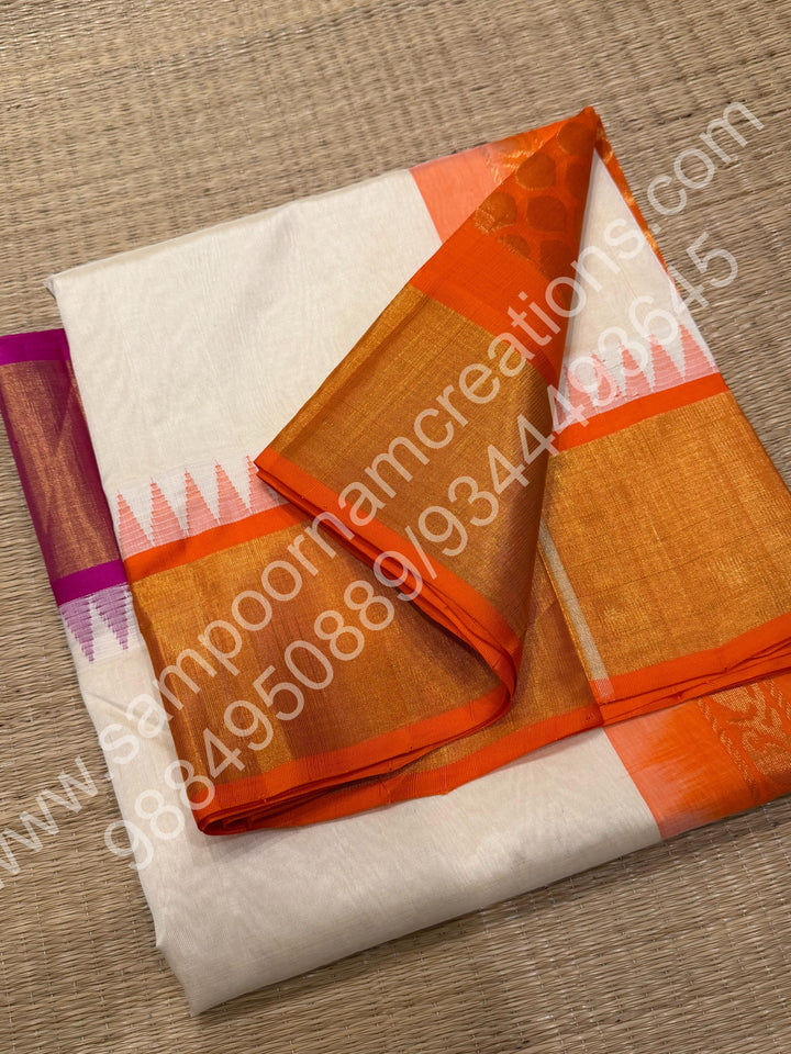 White with Ganga Jamuna Tissue Border Orange and Pink, Grand Pallu Korvai Silk Cotton Saree