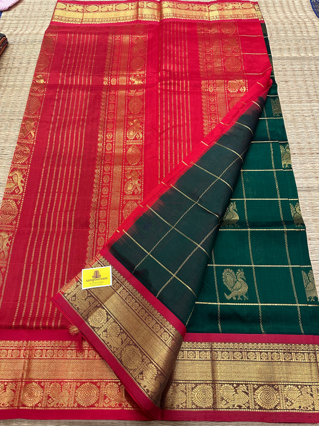 Green with Red Mayil Chakram Silk Cotton Saree