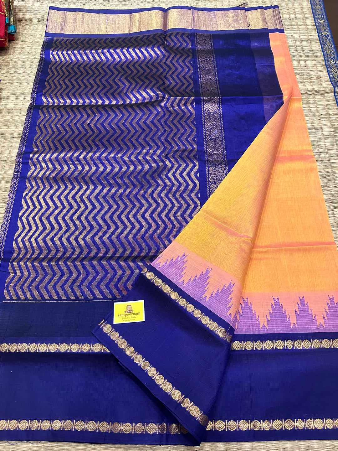 Peachish Pink With Blue One Side Big Rettapet Rudraksh Border , Rich Pallu Korvai Silk