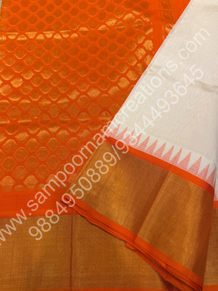 White with Ganga Jamuna Tissue Border Orange and Pink, Grand Pallu Korvai Silk Cotton Saree