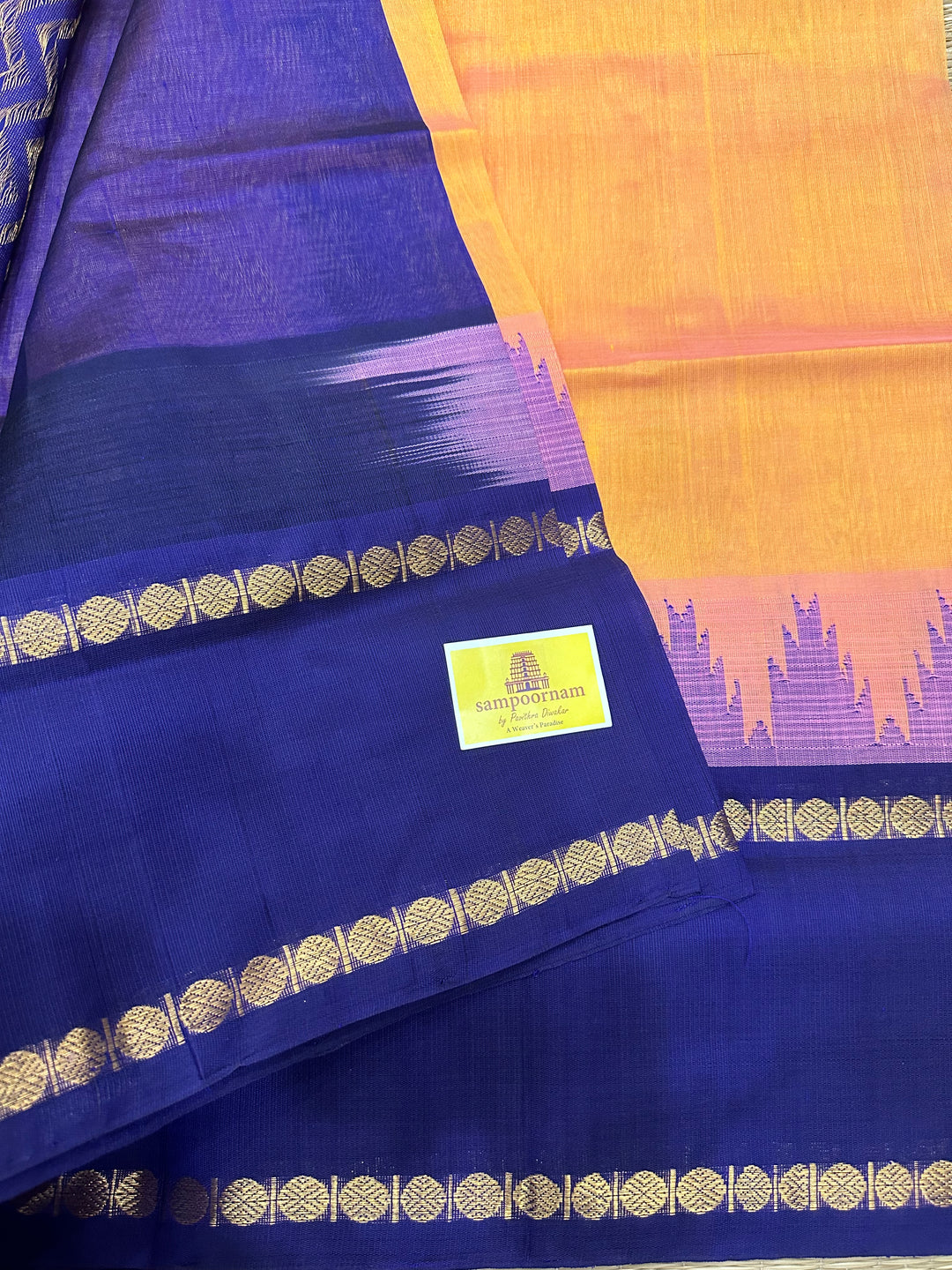 Peachish Pink With Blue One Side Big Rettapet Rudraksh Border , Rich Pallu Korvai Silk