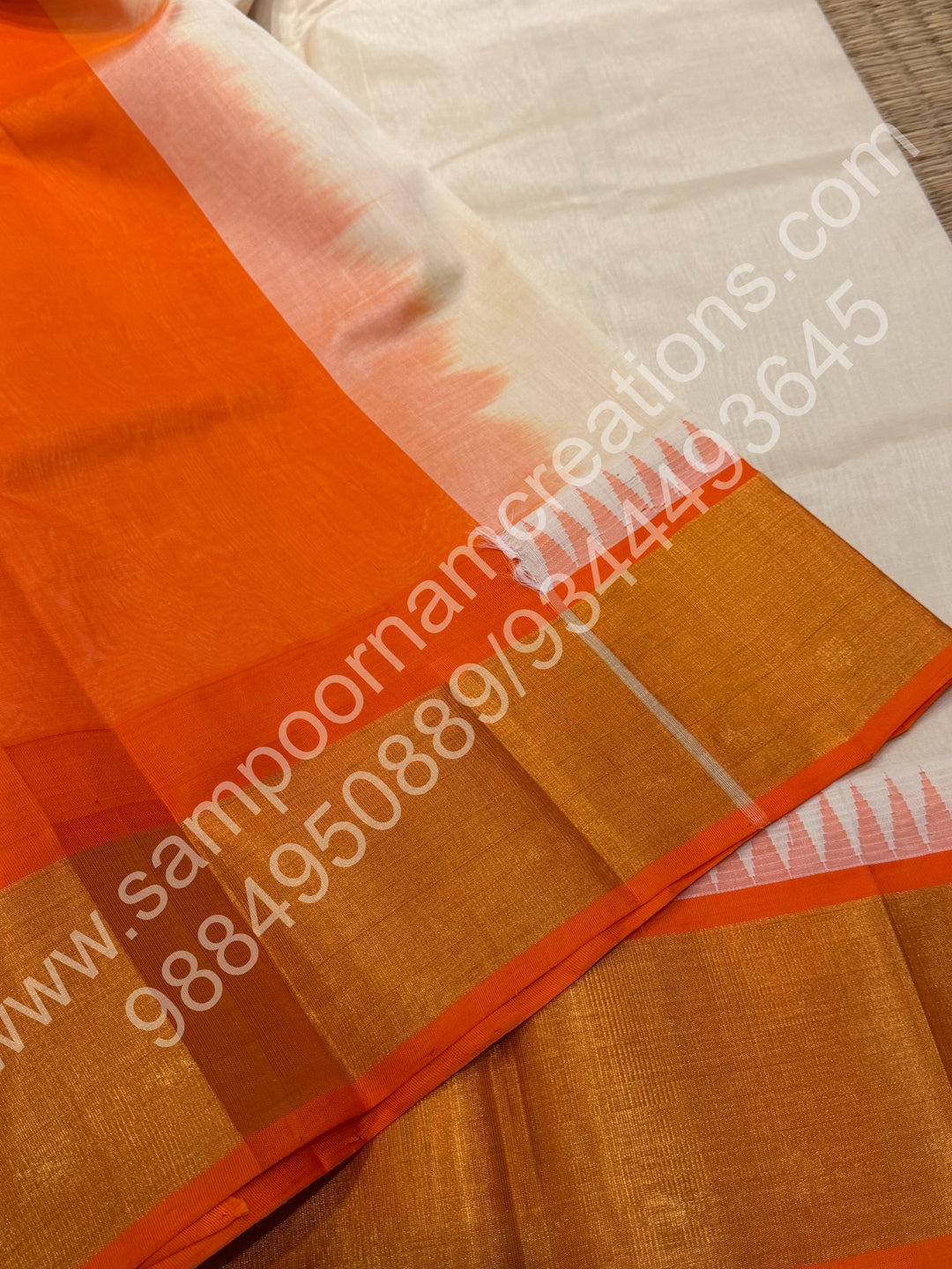 White with Ganga Jamuna Tissue Border Orange and Pink, Grand Pallu Korvai Silk Cotton Saree