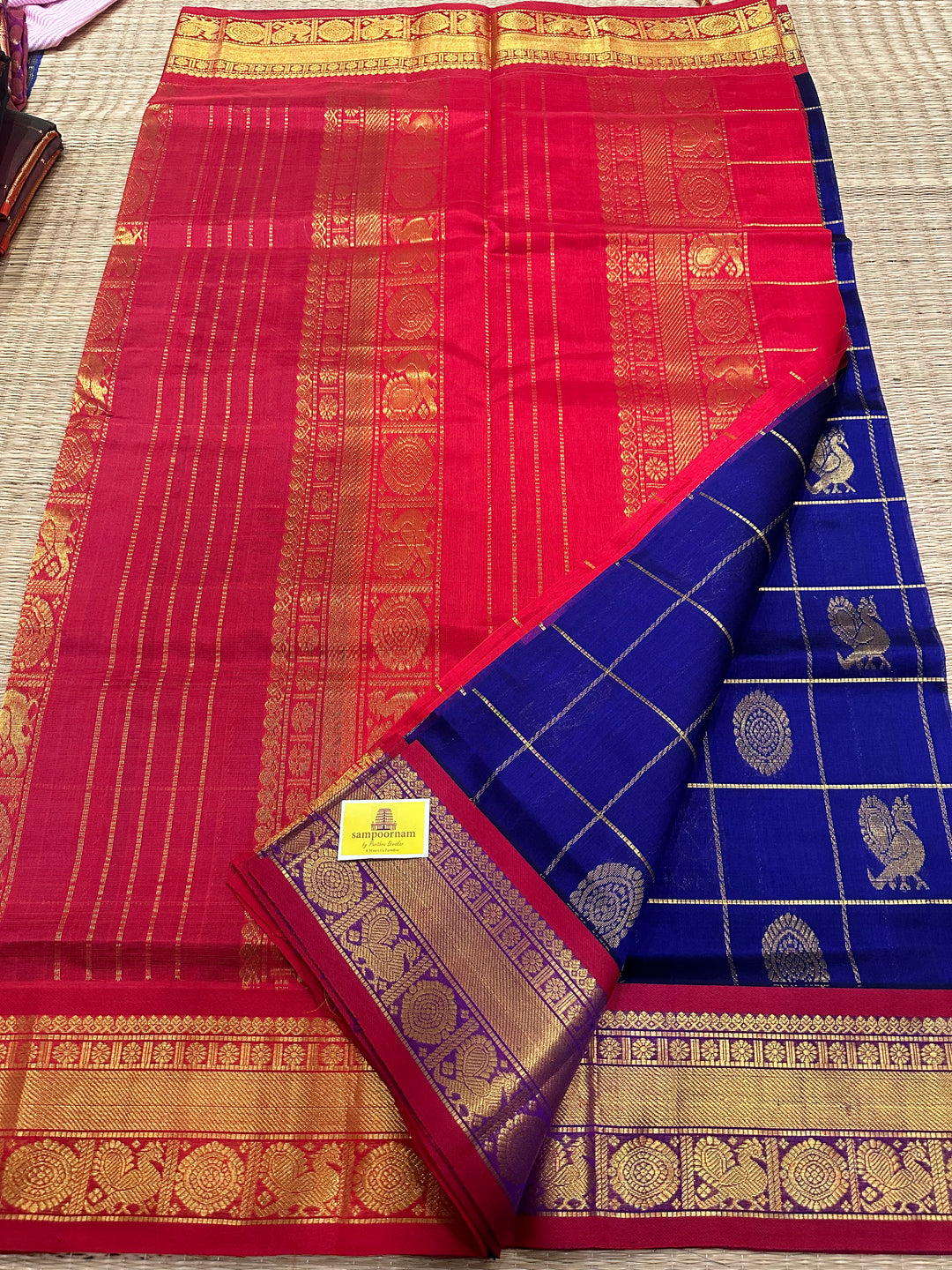 Blue with Red Mayil Chakram Silk Cotton Saree