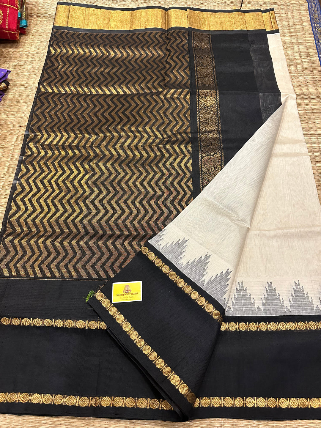 Offwhite with Black One Side Temple Rettapet Border Korvai Silk Cotton Saree