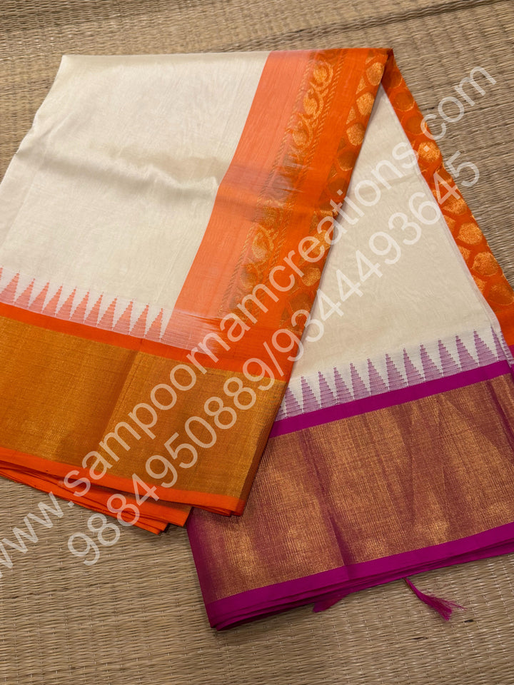 White with Ganga Jamuna Tissue Border Orange and Pink, Grand Pallu Korvai Silk Cotton Saree
