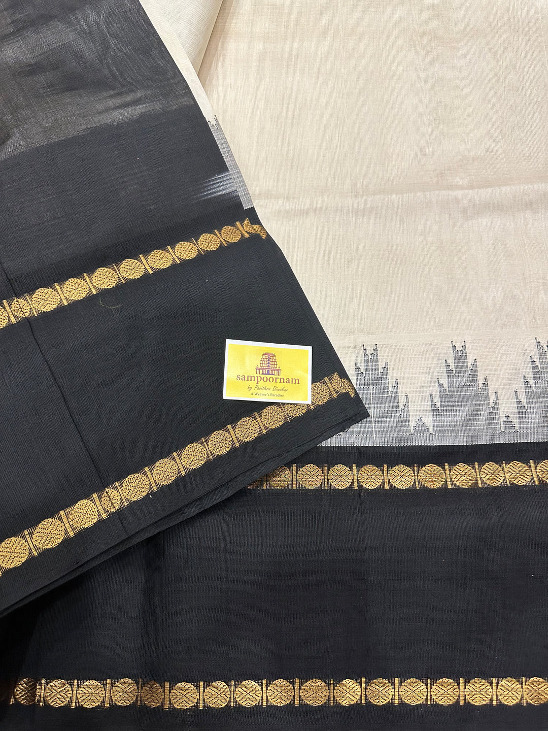 Offwhite with Black One Side Temple Rettapet Border Korvai Silk Cotton Saree