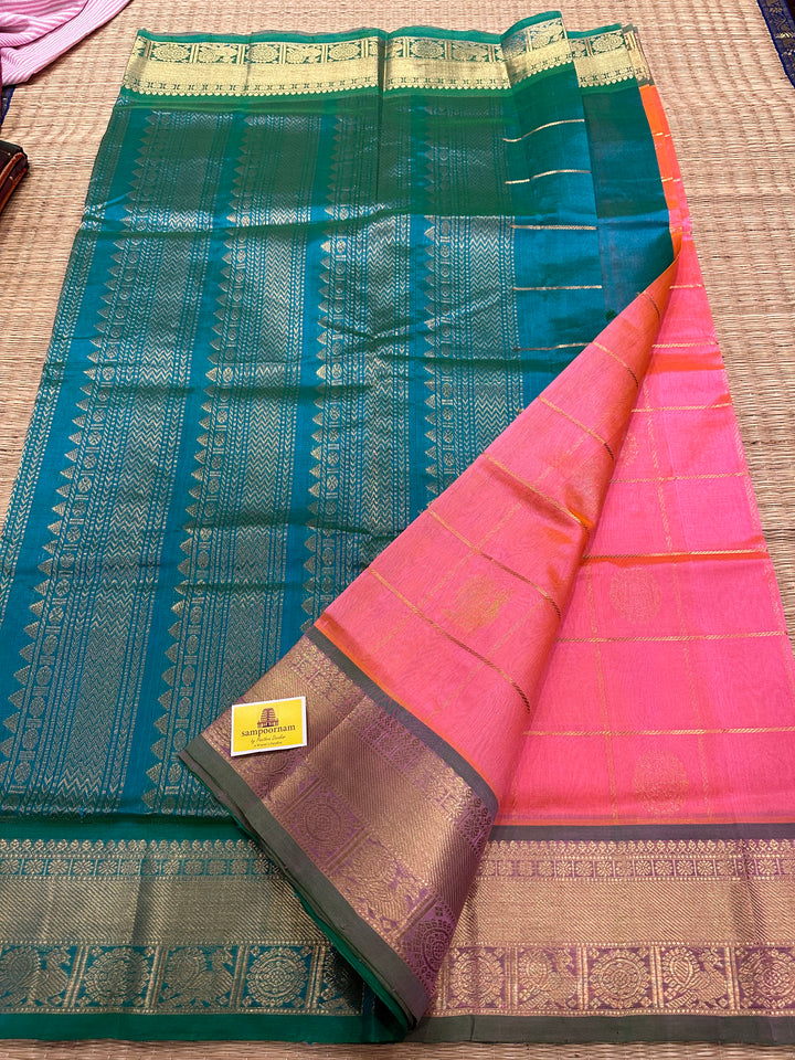 Baby Pink with Sea Green Mayil Chakram Silk Cotton Saree