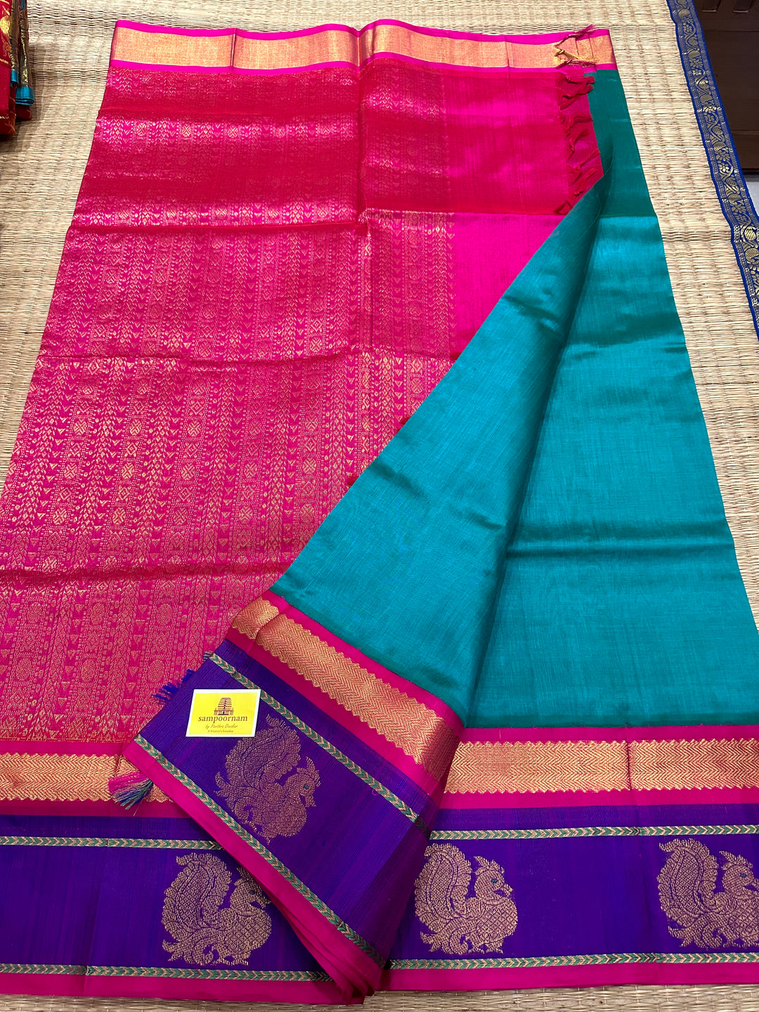 Ramar Blue with Pink Zari Border with Annam Motif and Rich Pallu Korvai Silk Cotton Saree