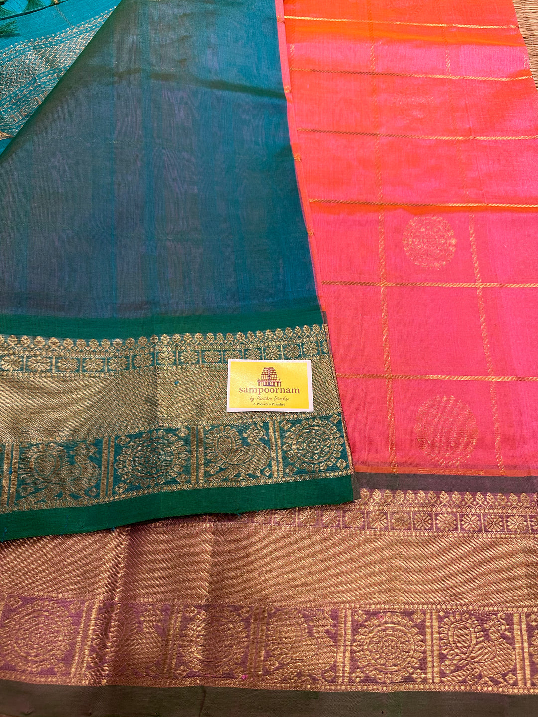 Baby Pink with Sea Green Mayil Chakram Silk Cotton Saree