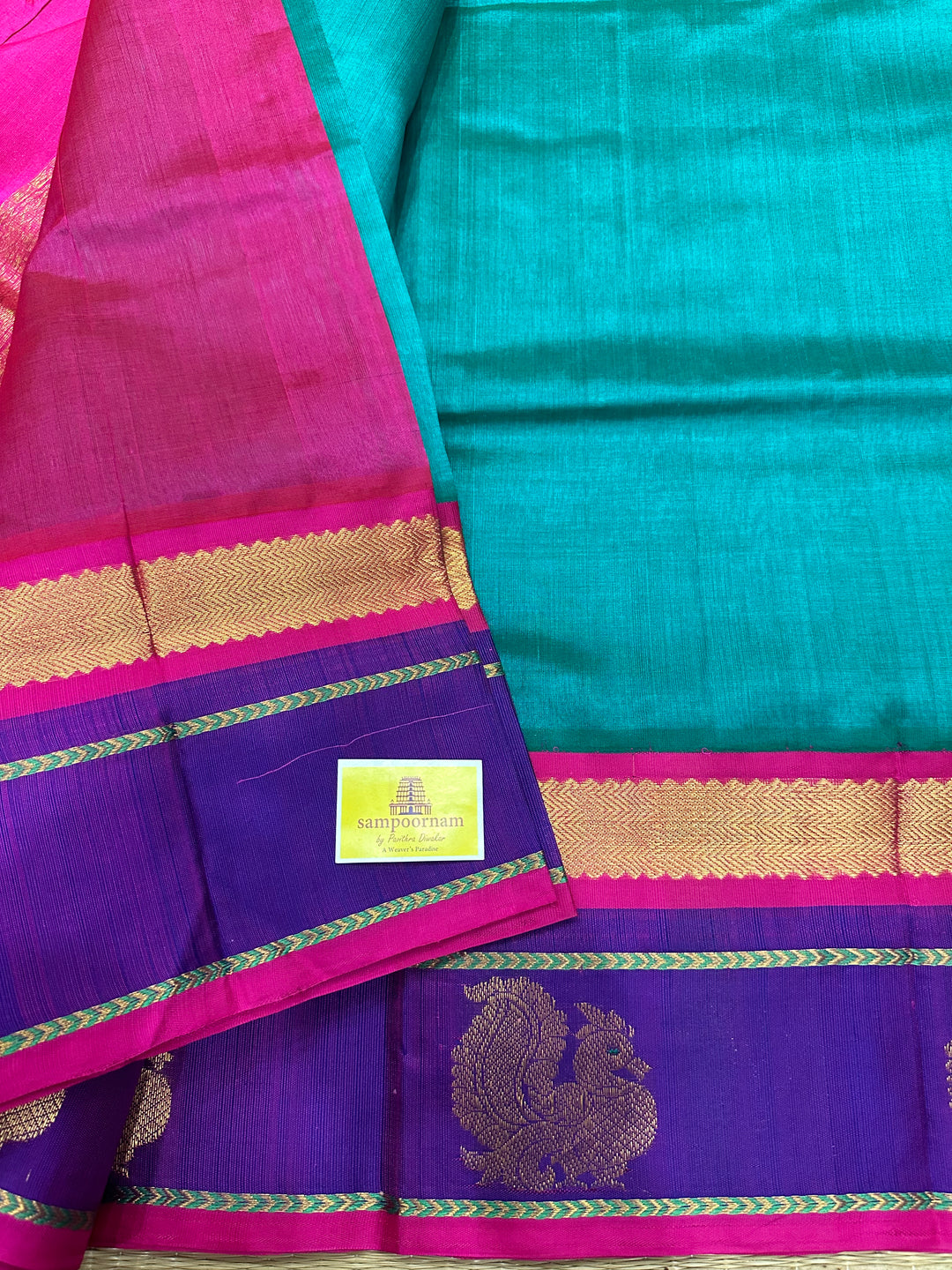 Ramar Blue with Pink Zari Border with Annam Motif and Rich Pallu Korvai Silk Cotton Saree