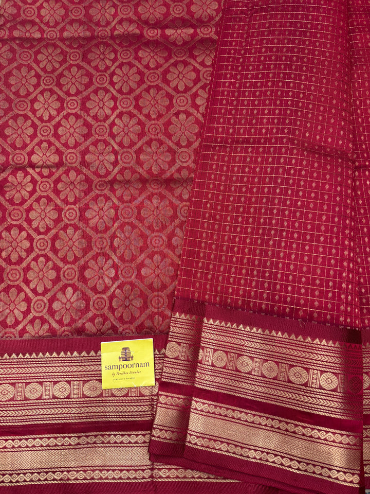 Classic Red , Zari  butta in the body , Traditional border and rich Pallu Lakshadeepam Silk Cotton Saree