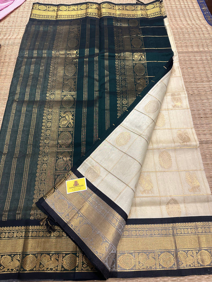 Offwhite with Green Mayil Chakram Silk Cotton Saree