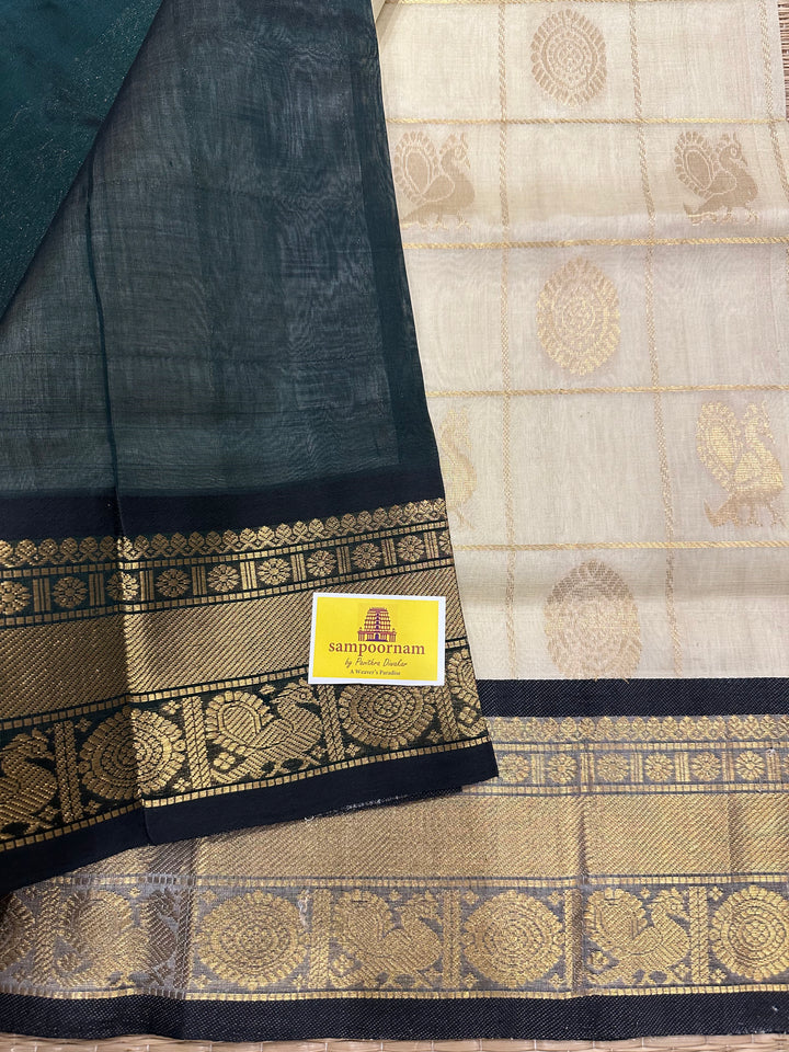 Offwhite with Green Mayil Chakram Silk Cotton Saree