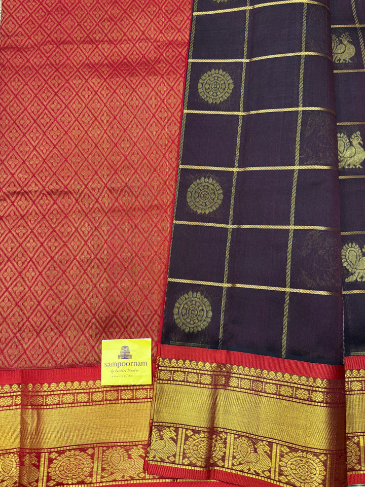Dark Brown with Red, Mayil and Chakram Butta in the Body, Traditional Borders and Rich Pallu Mayil Chakram Silk Cotton Saree