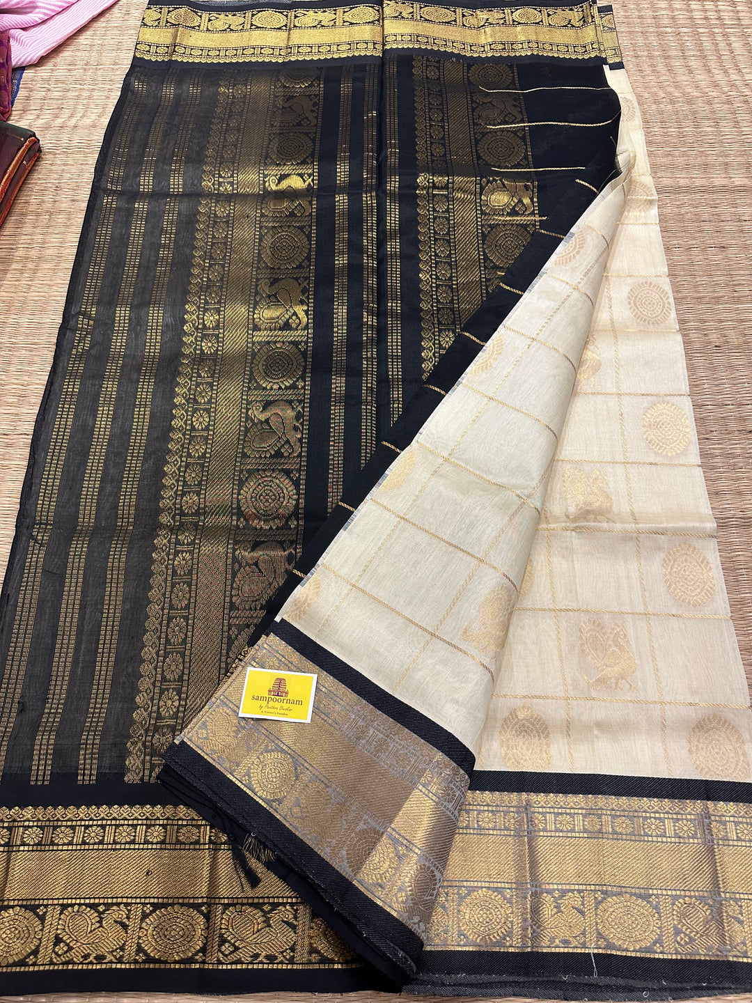 Offwhite with Black Mayil Chakram Silk Cotton Saree