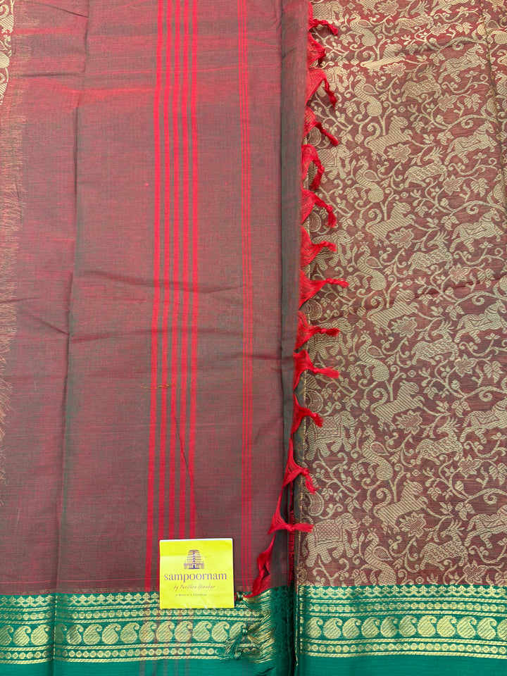 Brown with Green , Vanasingaram thread motif in the body , Traditional borders and Plain Pallu Chettinad Cottton Saree