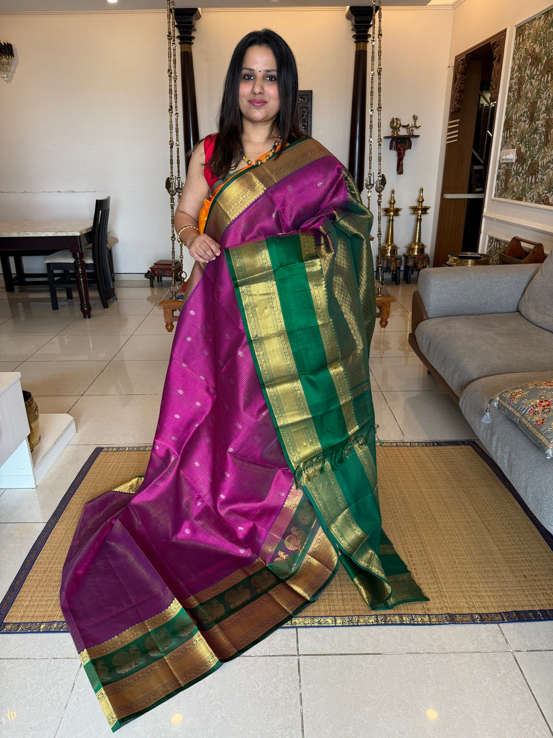 Purple with Dark Green One Side Big Satin Border with Annam Motifs ,Podi Zari Kattam with Silver Buttas in the Body ,  Rich Pallu Korvai Silk Cotton Saree