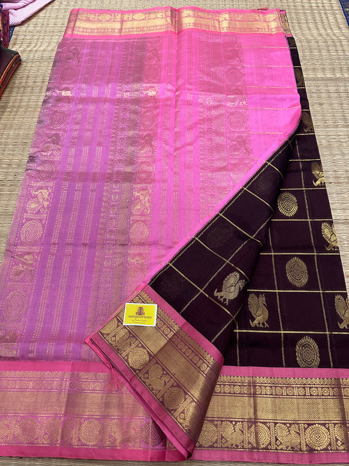 Brown with Baby Pink Mayil Chakram Silk Cotton Saree