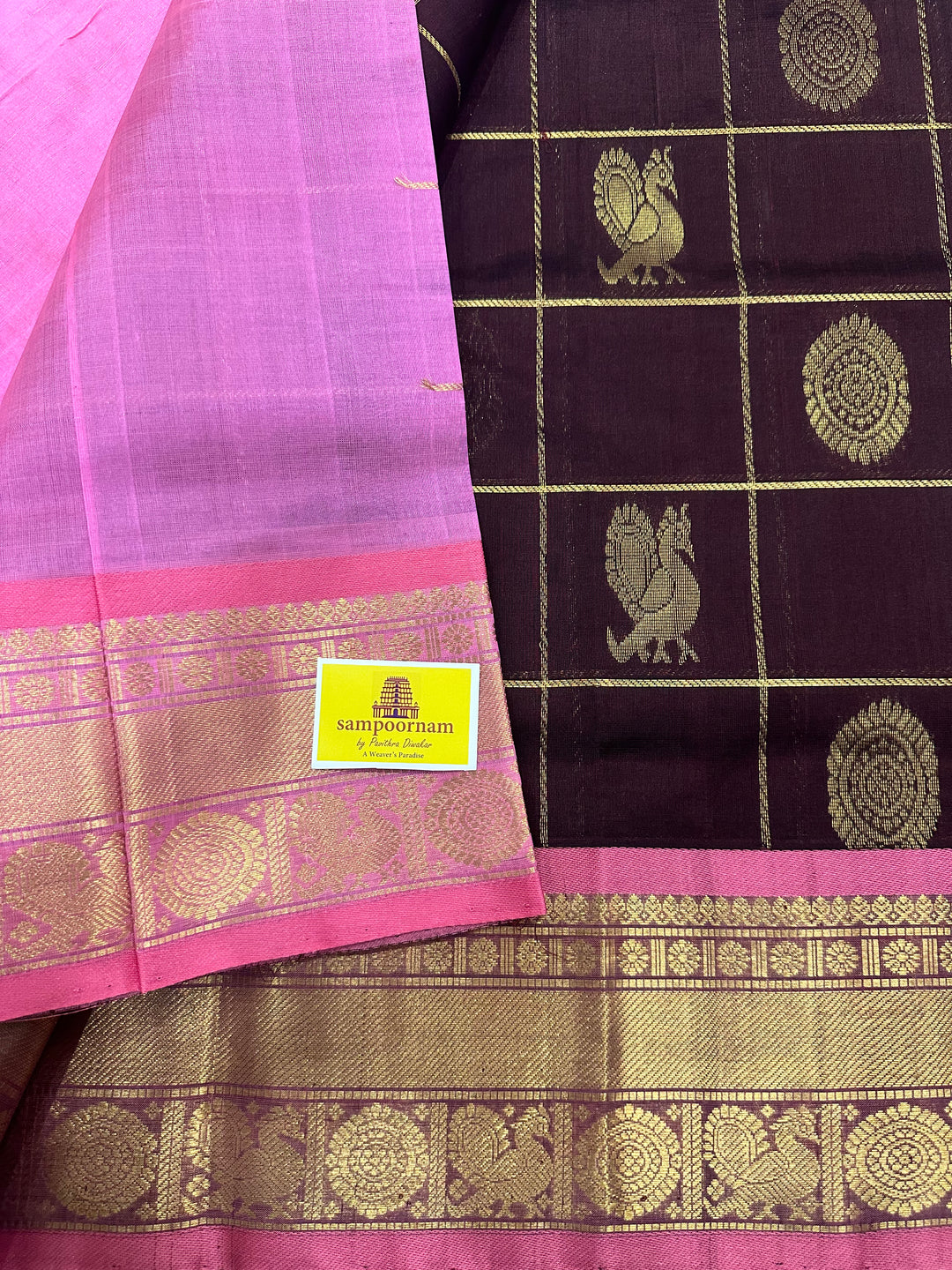 Brown with Baby Pink Mayil Chakram Silk Cotton Saree