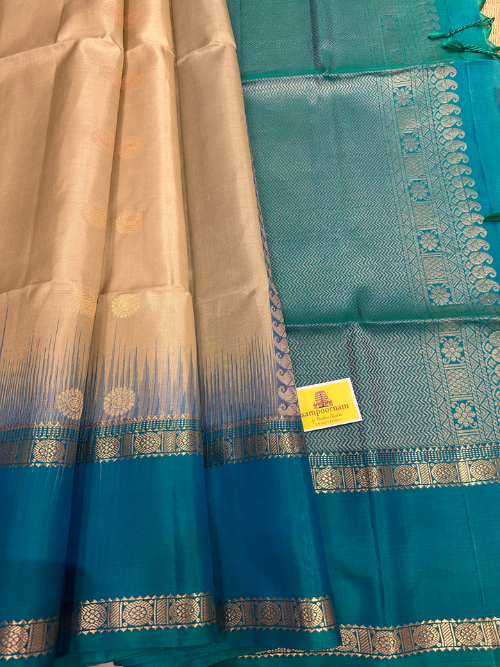 Ven Pattu with Blue Rettapet Border , Zari Motif in the Body and Rich Pallu Pure Soft Silk Saree